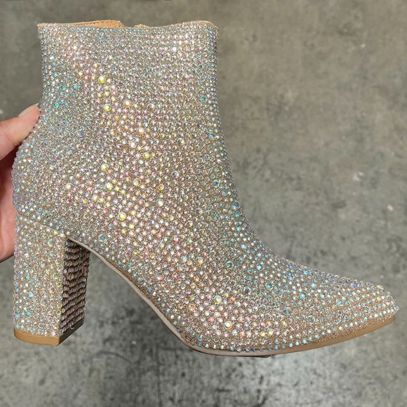 New Women Champagne Gold Rhinestone Glitter Pointy Ankle Boots Booties - Picture 6 of 9